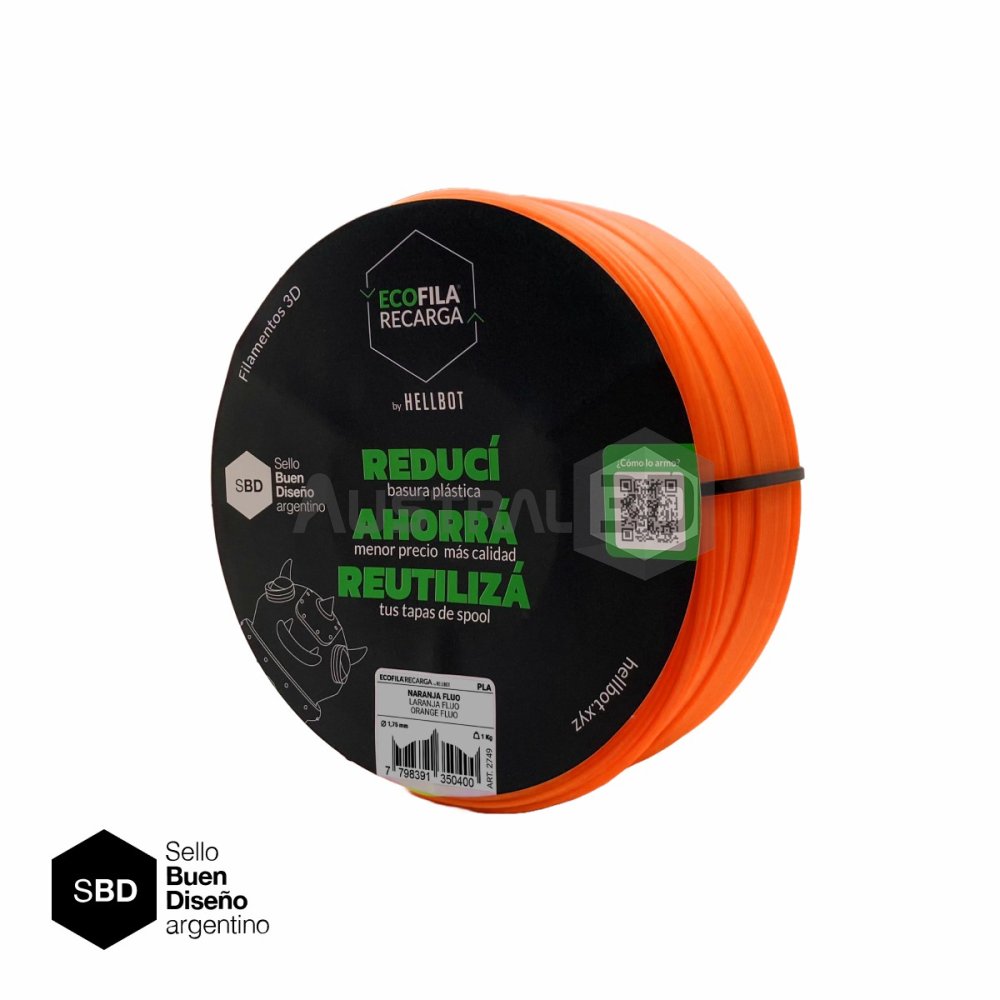 Filamento 3D RECARGA PLA 1.75 Hellbot 1kg NARANJA FLUO