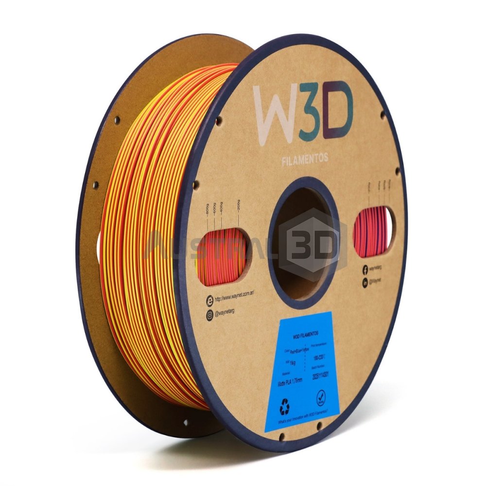 Filamento PLA Mate W3D 1kg TRICOLOR Rojo Azul Amarillo