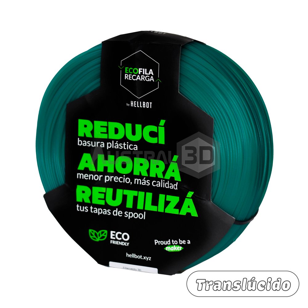 Filamento 3D RECARGA PLA 1.75 Hellbot 1kg ESMERALDA TRANSLUCIDO 